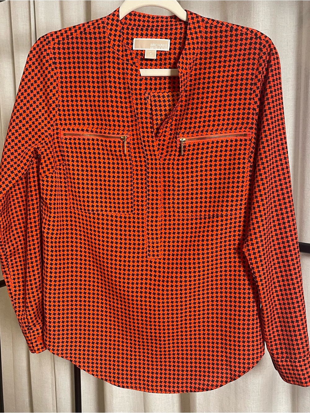 Michael Kors Orange and Black Houndstooth Zip-Front Blouse